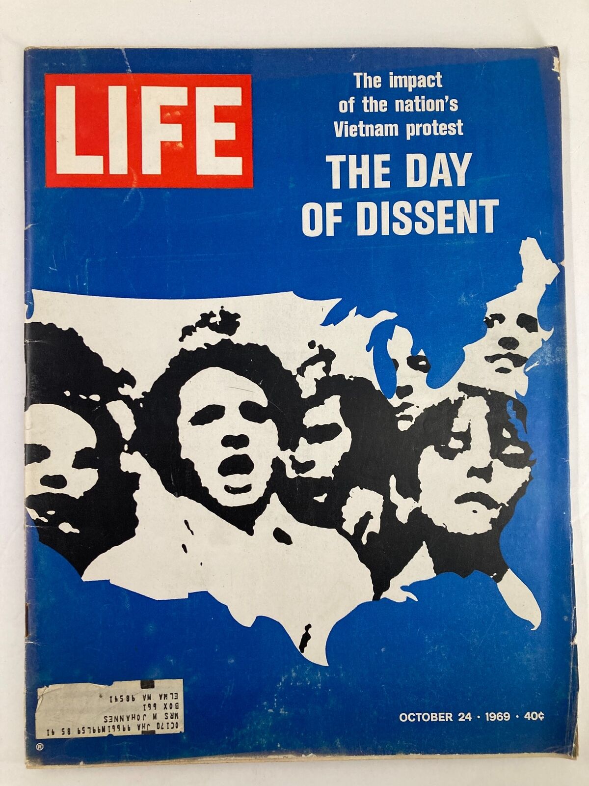 VTG Life Magazine October 24 1969 featuring the cover 'The Day of Dissent' highlighting the impact of the Vietnam protest with illustrated faces of activists against a blue background.