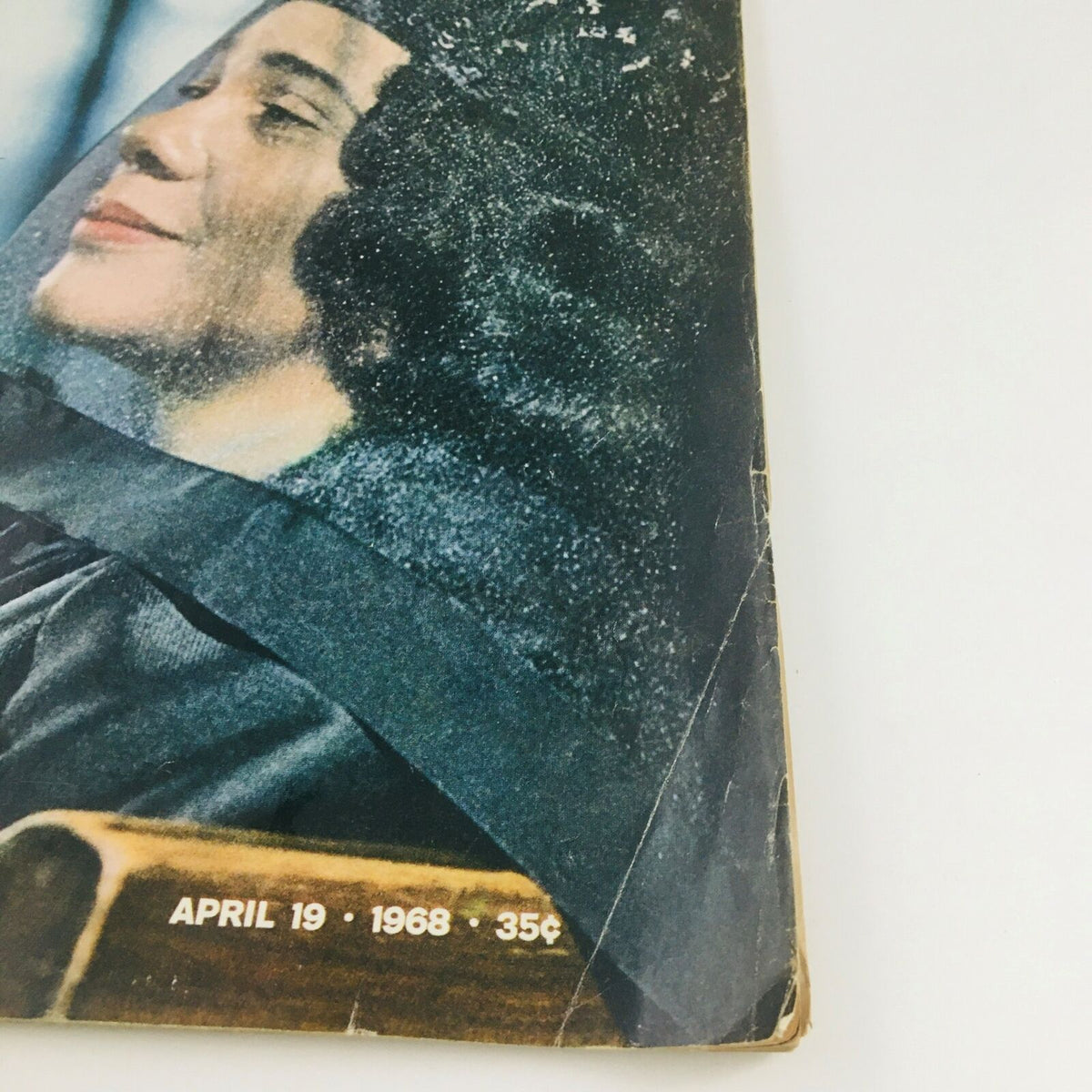 Close-up of the cover of Life Magazine dated April 19, 1968, showing Mrs. Martin Luther King Jr.'s image at the funeral service, capturing a historical moment in civil rights.