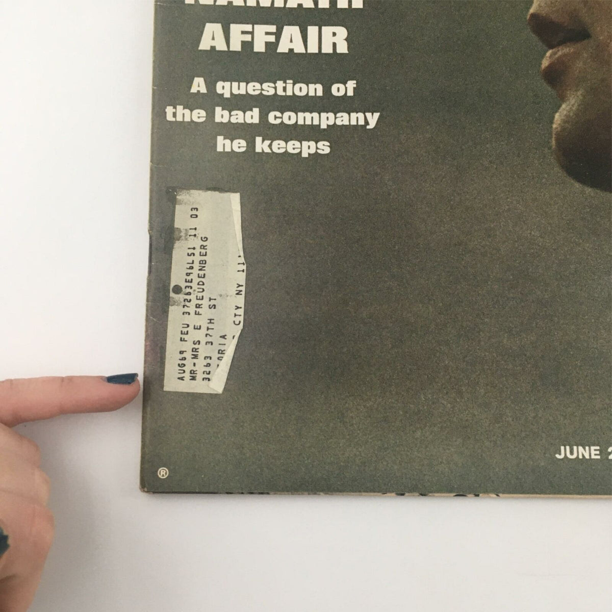 Close-up of the side of VTG Life Magazine, June 20, 1969, showing the address label and part of the cover title 'Behind the Namath Affair'.