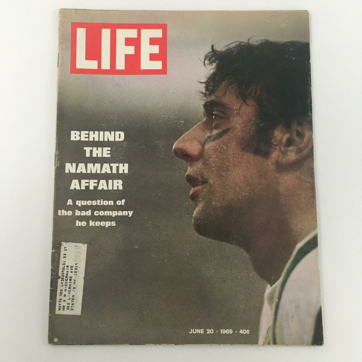 VTG Life Magazine June 20, 1969 Joe Namath cover featuring the title 'Behind the Namath Affair' and a profile image of Joe Namath with football face paint.