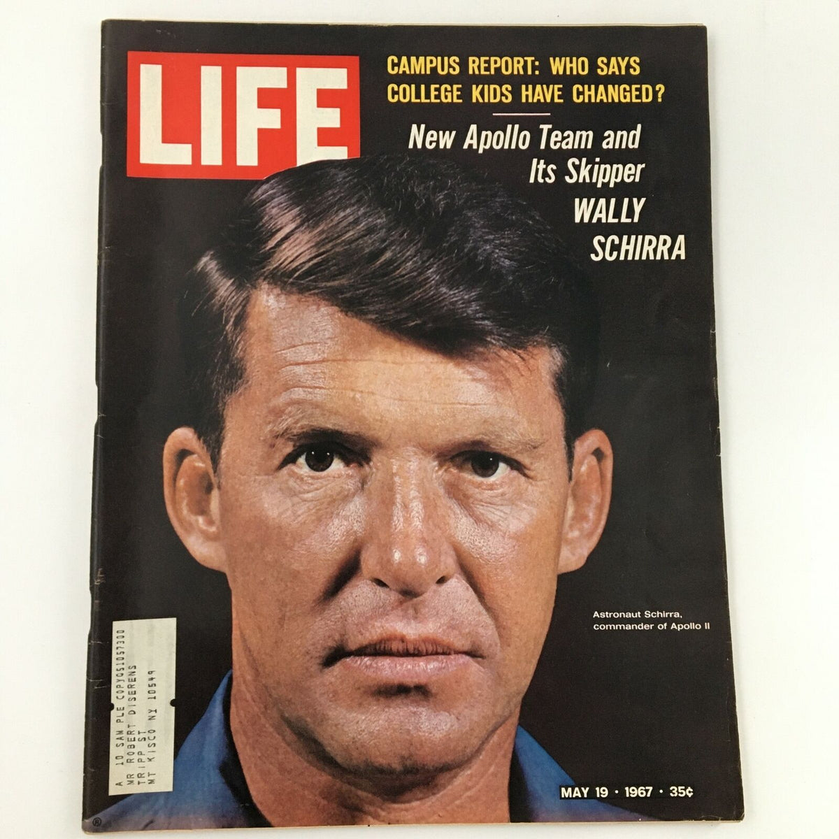 Cover of Life Magazine from May 19, 1967, featuring astronaut Wally Schirra, commander of Apollo II, showcasing a close-up portrait with bold text highlighting his role in the new Apollo team.
