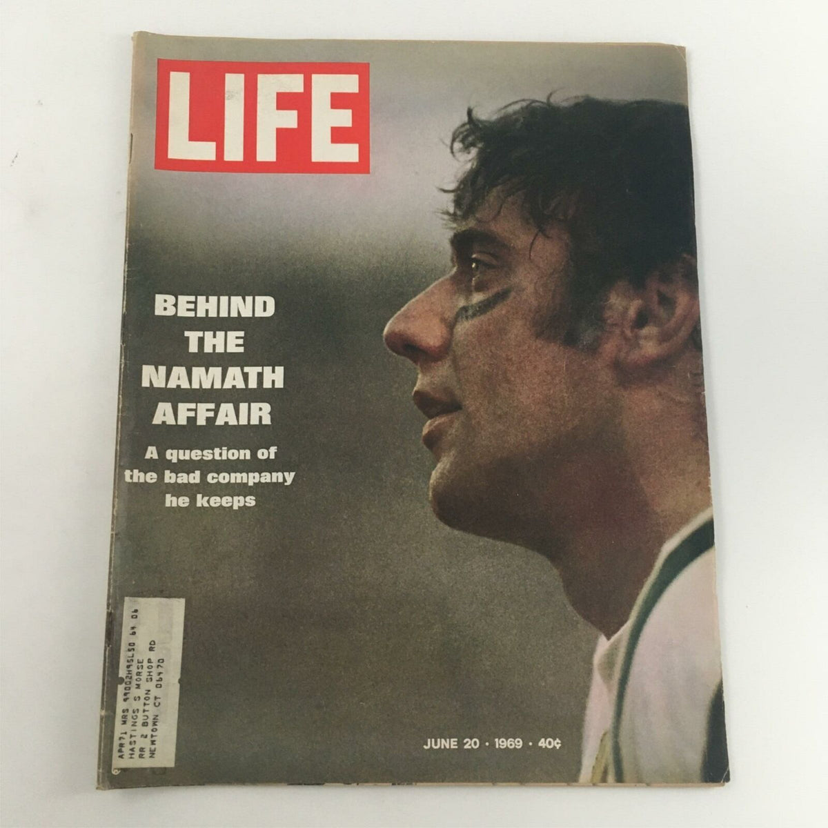 Cover of VTG Life Magazine from June 20, 1969, featuring the headline 'Behind The Namath Affair' and a profile image of Joe Namath, marking a significant moment in sports history.