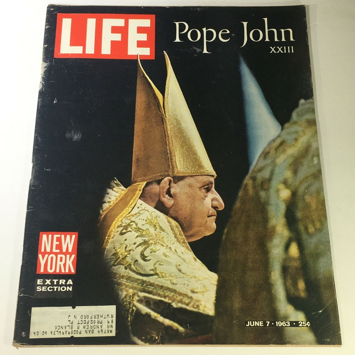 Vintage Life Magazine from June 7, 1963 featuring Pope John XXIII on the cover with a New York extra section, showcasing the historic significance of the publication.
