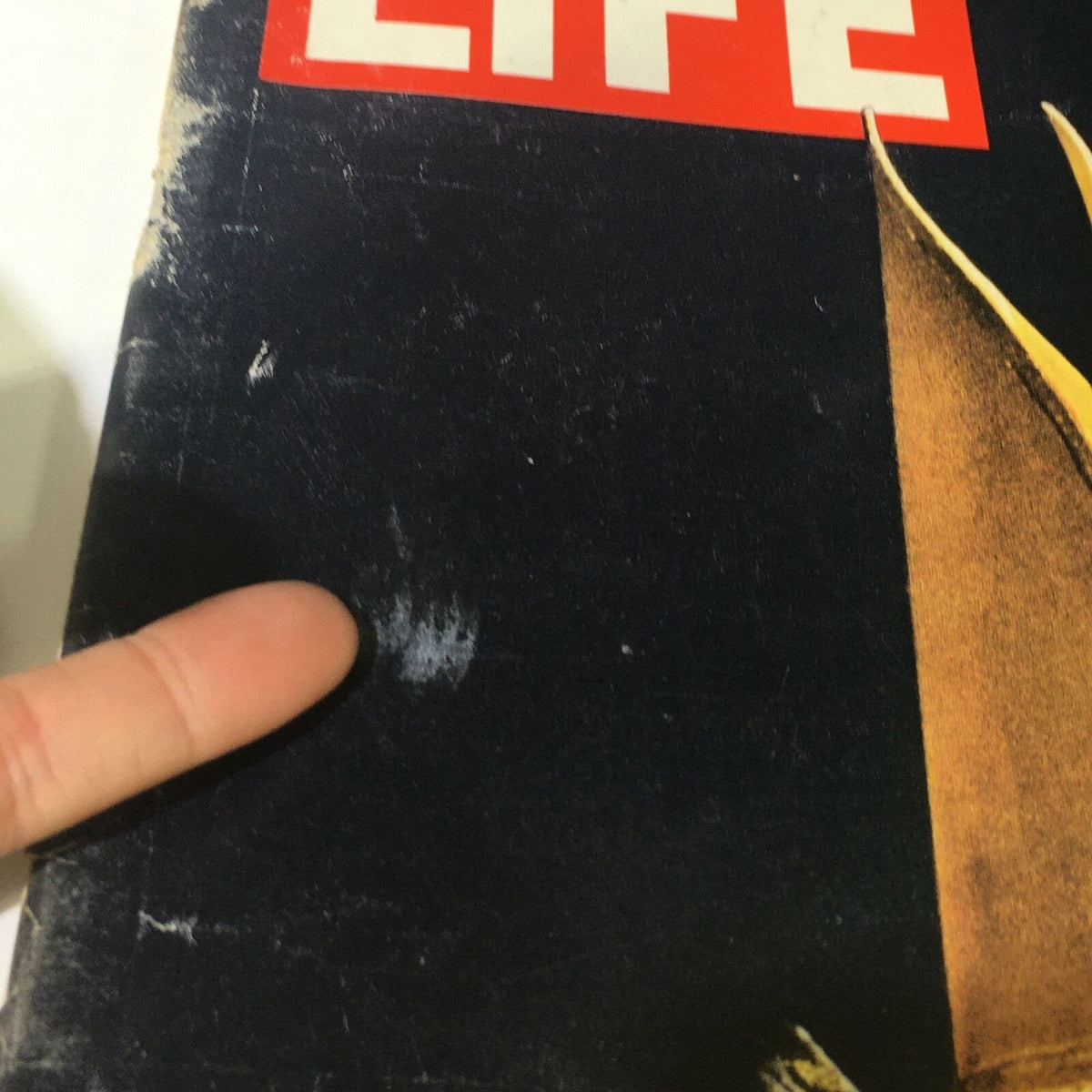 Detailed view of the vintage Life Magazine June 7, 1963 cover with visible marks and finger pointing to imperfections.