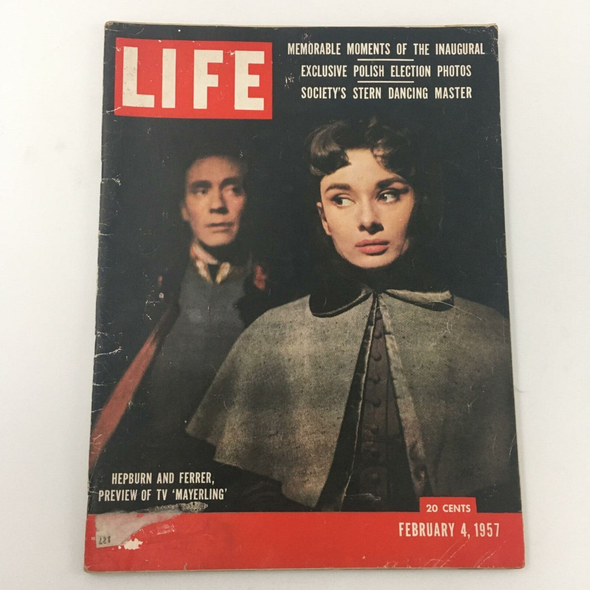 Cover of VTG Life Magazine February 4, 1957 featuring Hepburn and Ferrer, showcasing a portrait image with an artistic design typical of mid-century publications.
