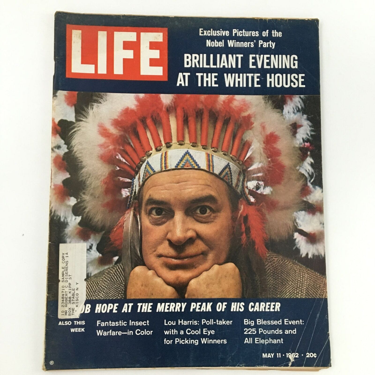 Cover of VTG Life Magazine May 11 1962 featuring Bob Hope, showcasing a colorful headdress, with text referencing Lou Harris and celebratory events at the White House.