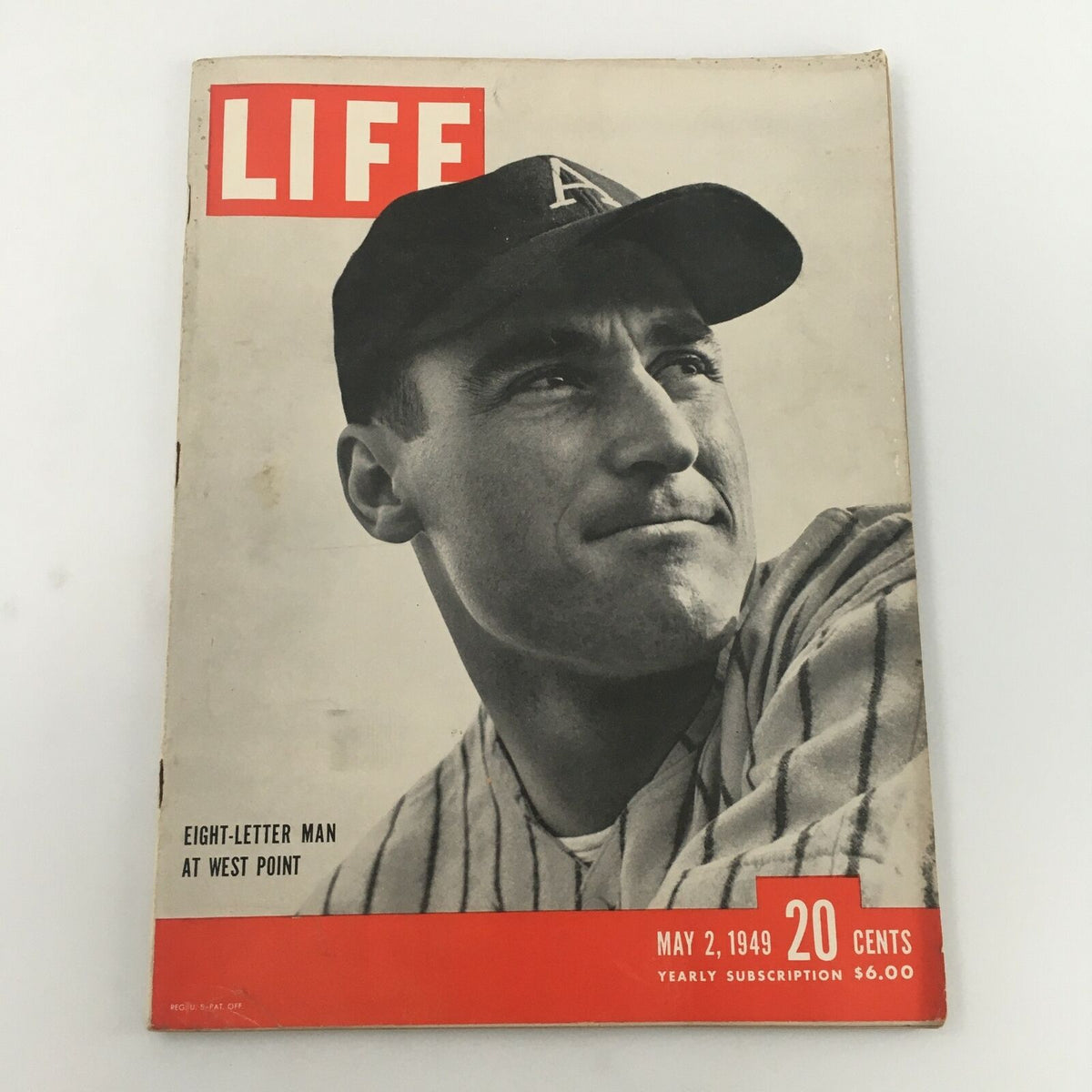 Cover of VTG Life Magazine dated May 2, 1949 featuring the story of Arnold Galiffa, an Eight-Letter Man at West Point, showcasing a black and white photo of a man in a baseball cap with a letter 'A'.