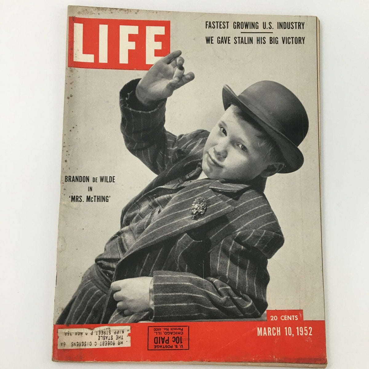 Cover of VTG Life Magazine, March 10, 1952, featuring Brandon de Wilde in 'Mrs. McThing' with the headline and price displayed.