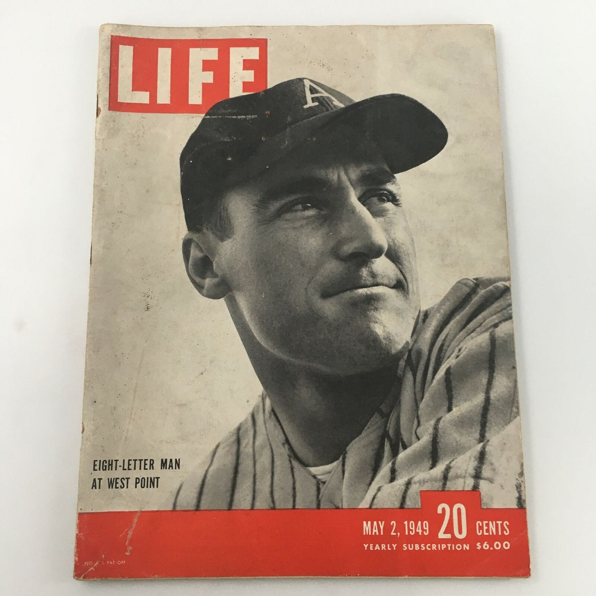 Cover image of VTG Life Magazine dated May 2, 1949, featuring the article 'The Eight-Letter Man At West Point', showcasing a man in a baseball cap.