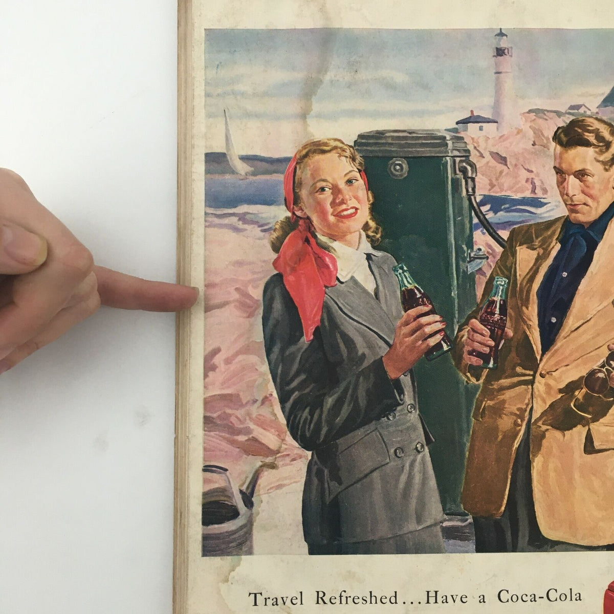 Close-up of the vintage Coca-Cola advertisement from the back of VTG Life Magazine May 2, 1949, featuring a couple holding Coke bottles.