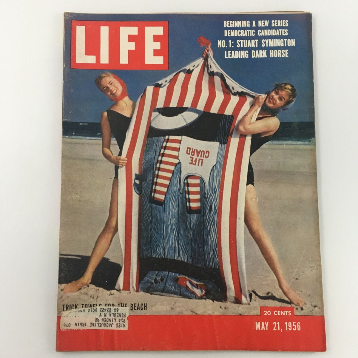Cover of VTG Life Magazine from May 21, 1956 featuring women at the beach, highlighting the beginning of a new series on Democratic candidates.