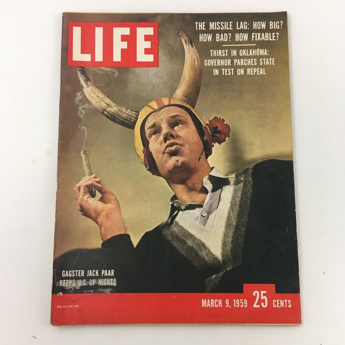 Cover of VTG Life Magazine March 9, 1959 featuring comedian Jack Paar in a distinctive hat with horns, capturing the essence of late 1950s entertainment.