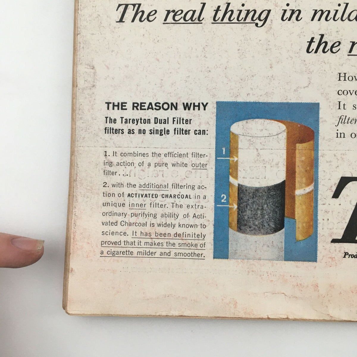 Interior page of VTG Life Magazine March 9, 1959 detailing Tareyton Dual Filter features, emphasizing its filtering action for a smoother cigarette experience.