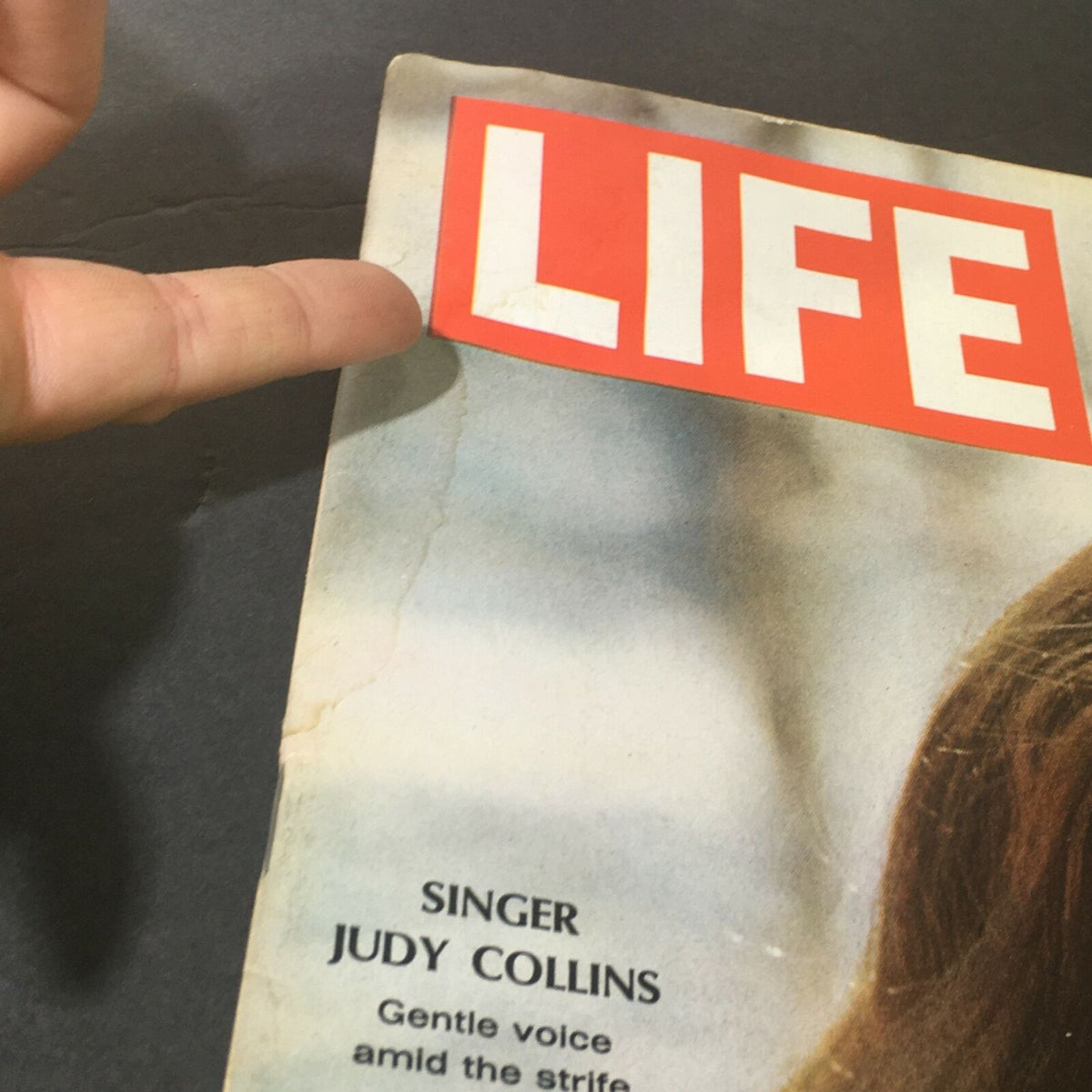 Detailed view of the cover of VTG Life Magazine May 2 1969, highlighting Judy Collins and the magazine's title.