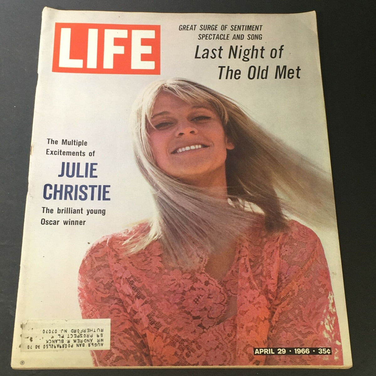 Cover of VTG Life Magazine from April 29, 1966 featuring Julie Christie, a brilliant young Oscar winner, showcasing the glamour and cultural significance of the 1960s.