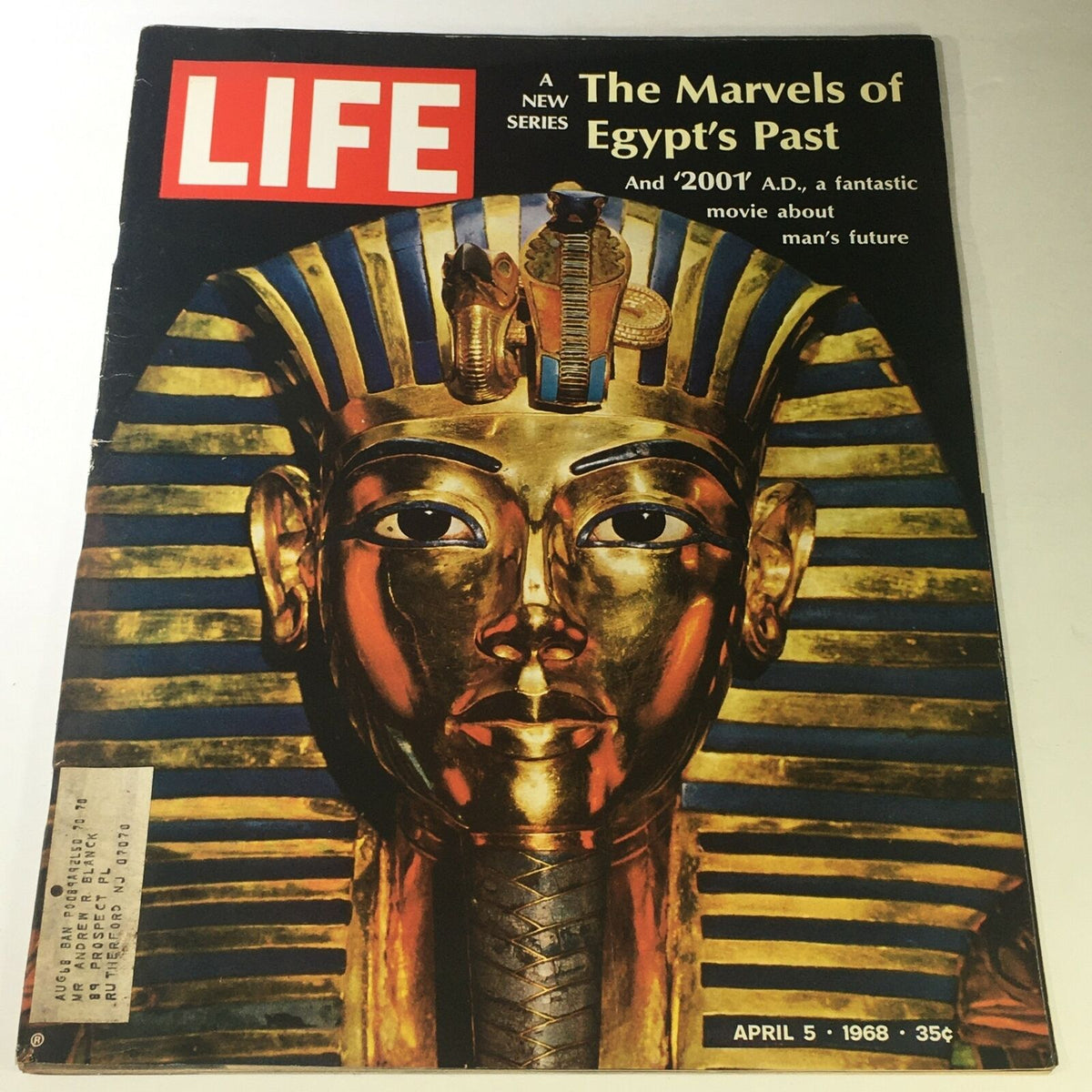 Vintage Life Magazine Cover from April 5, 1968, featuring 'The Marvels of Egypt's Past' related to the movie '2001 A.D.' showcasing golden Egyptian imagery.