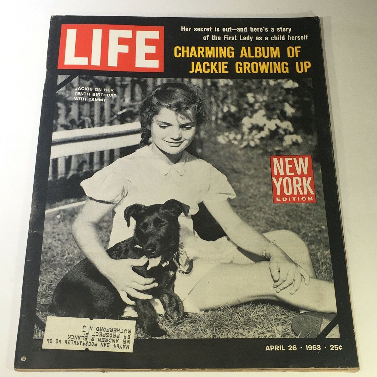 VTG Life Magazine April 26 1963 cover featuring a charming photo of Jackie as a child with her dog Tammy, highlighting her childhood memories.