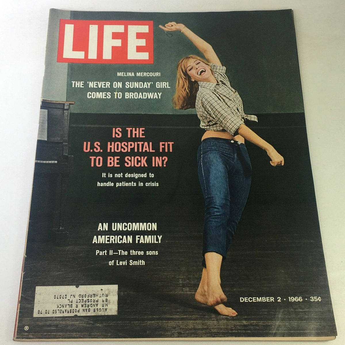 Cover of VTG Life Magazine December 2, 1966 featuring Melina Mercouri, showcasing her lively pose and iconic fashion, highlighting articles on American family dynamics and healthcare.