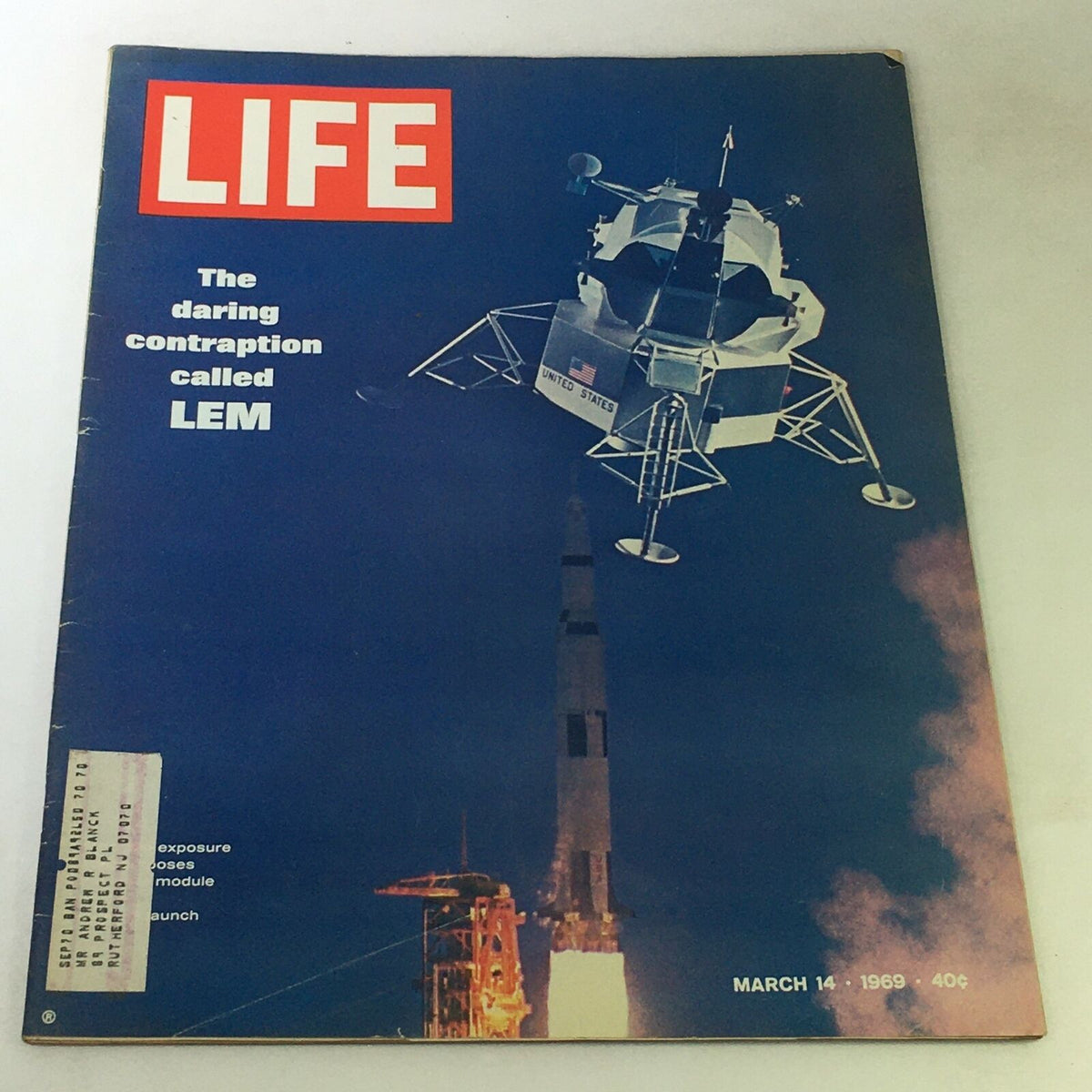 Cover of Life Magazine dated March 14, 1969, featuring the headline 'The Daring Contraption Called LEM' alongside an image of the Lunar Excursion Module (LEM) and a rocket launch, highlighting a historic moment in space exploration.
