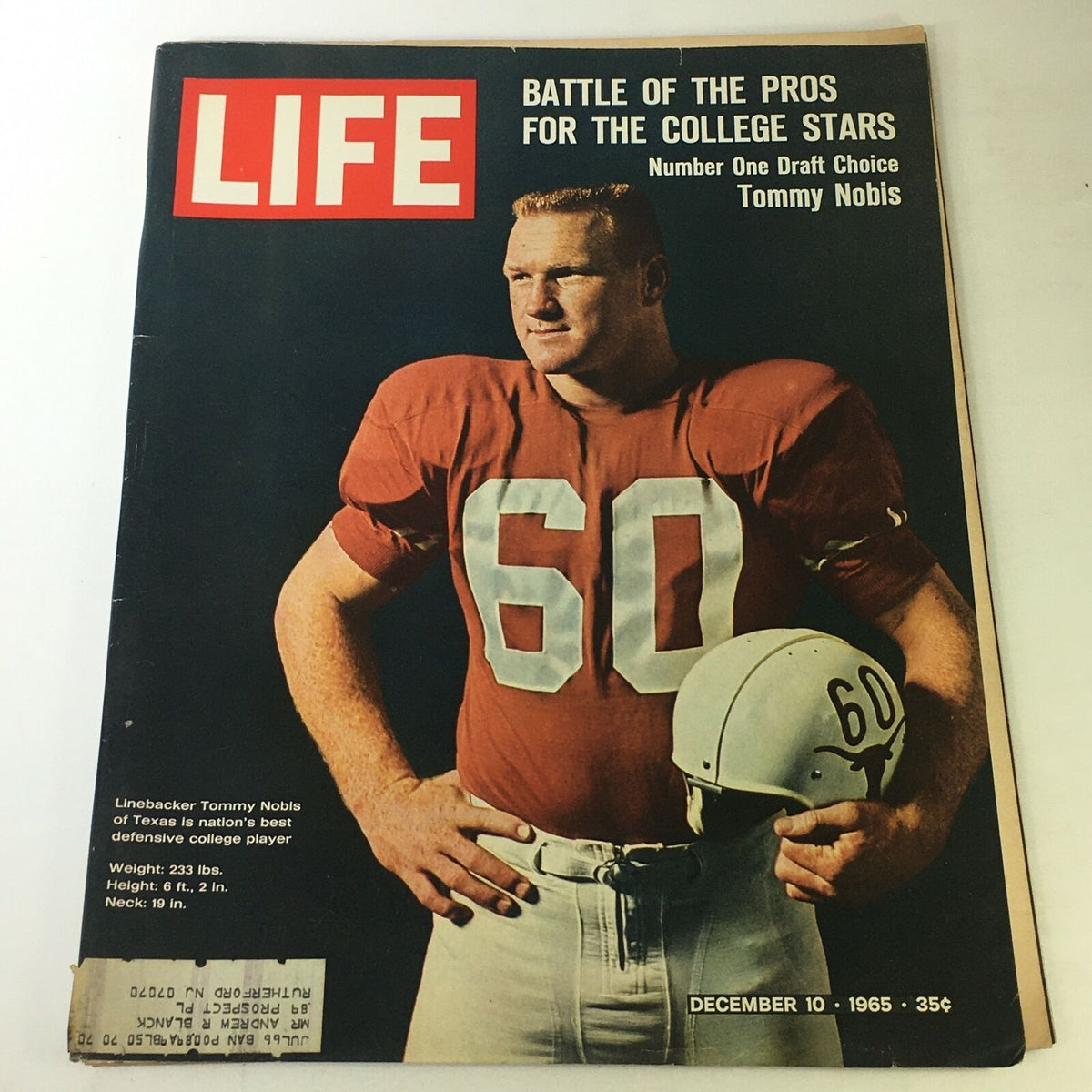 VTG Life Magazine December 10 1965 featuring linebacker Tommy Nobis, the number one draft choice, on the cover wearing a red jersey and holding a football helmet.