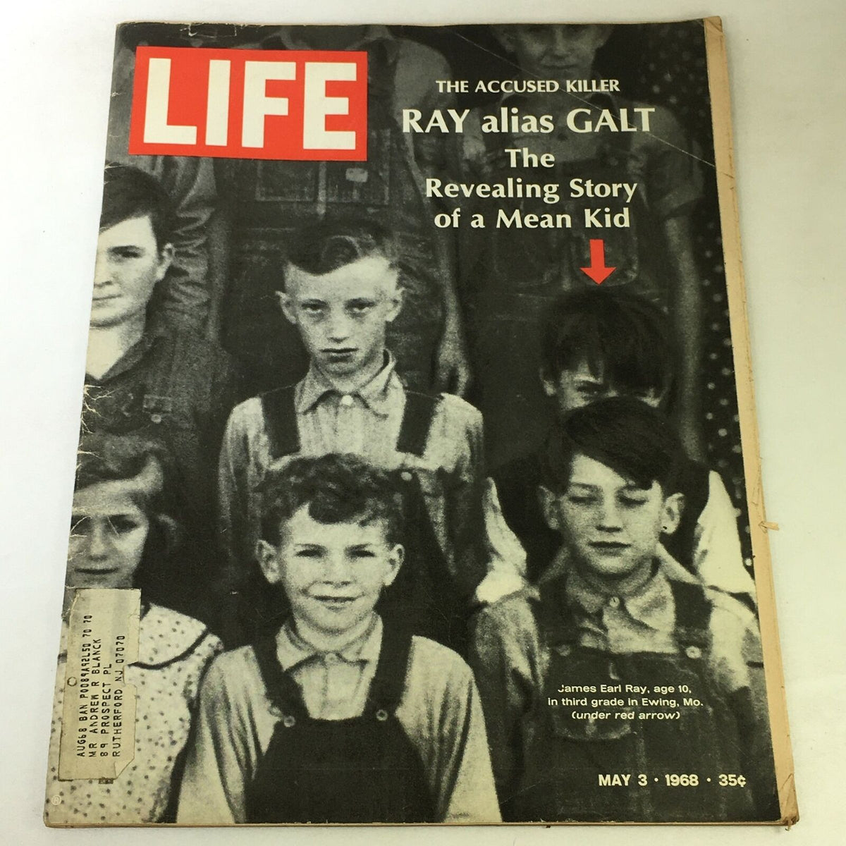 VTG Life Magazine May 3 1968 featuring a cover story about young James Earl Ray during his third-grade years in Ewing, Missouri. The magazine depicts a historical photograph of Ray among his classmates.