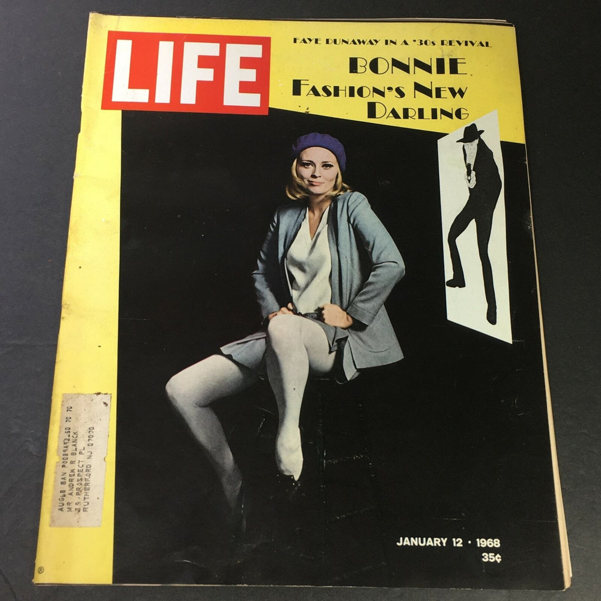 Cover of Life Magazine dated January 12, 1968 featuring Bonnie Parker, titled 'Bonnie, Fashion's New Darling'. The cover showcases a stylish blonde model wearing a gray blazer and white tights, set against a yellow background, emphasizing late 60s fashion.