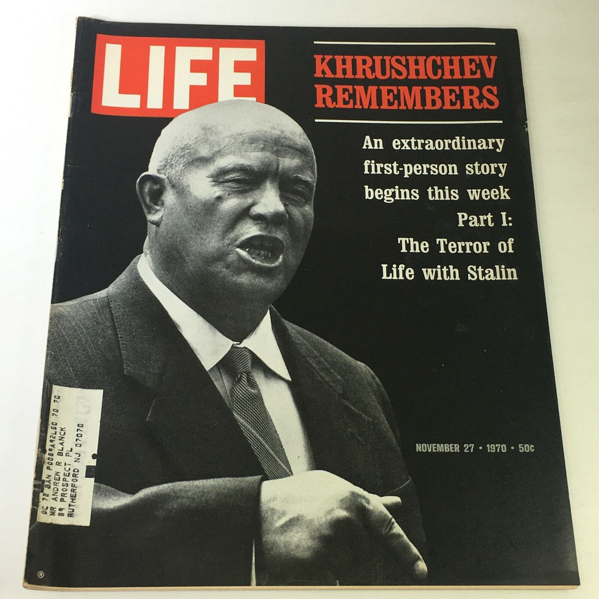 Cover of VTG Life Magazine from November 27, 1970, featuring "Khrushchev Remembers" with an image of Nikita Khrushchev and text highlighting his reflections on Joseph Stalin.