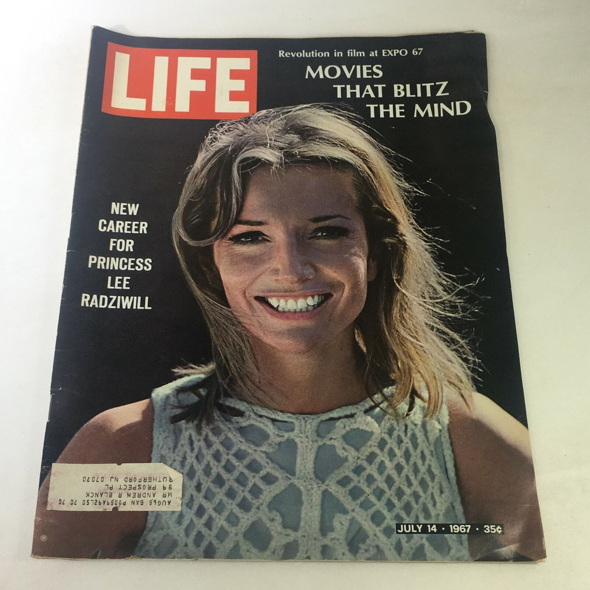 Cover of VTG Life Magazine from July 14, 1967, featuring Princess Lee Radziwill and the title 'New Career for Princess Lee Radziwill'. The magazine emphasizes 'Movies That Blitz the Mind' and showcases a vibrant smiling portrait of Princess Lee Radziwill.