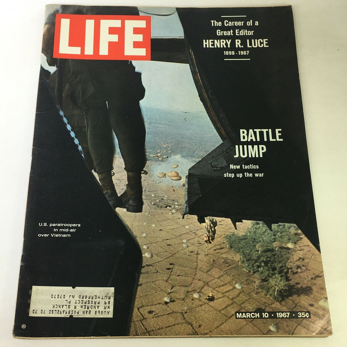 Cover of VTG Life Magazine March 10 1967 featuring an article on the Career of a Great Editor Henry R. Luce, showcasing U.S. paratroopers in mid-air over Vietnam with the headline 'BATTLE JUMP'.