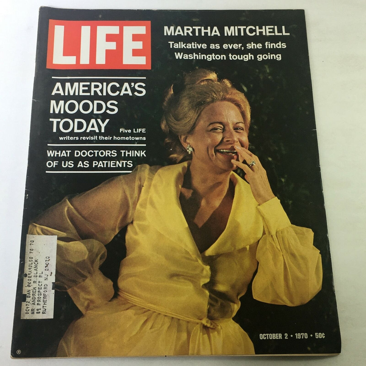 VTG Life Magazine October 2 1970 featuring Martha Mitchell on the cover with the title 'America's Moods Today'. The cover highlights Martha's smile, adorned in a yellow outfit, capturing the essence of the 1970s with intriguing headlines.