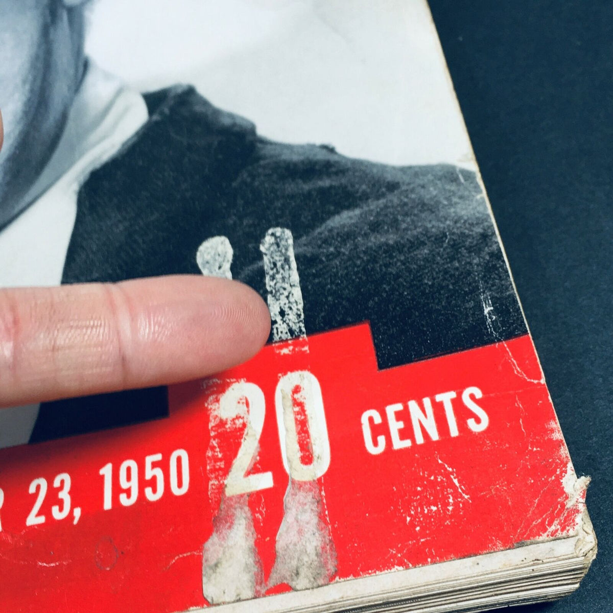 Close-up of the vintage Life Magazine cover dated October 23, 1950 showing the price '20 CENTS' and detailing Ed Wynn's feature. The image emphasizes the magazine's vintage character and condition.
