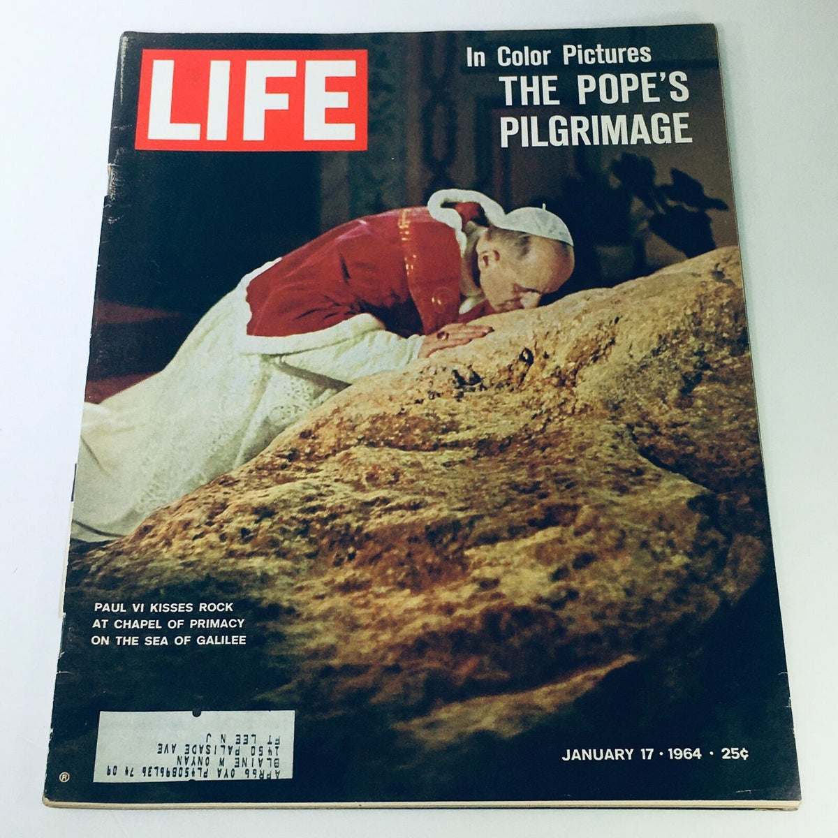 Cover of VTG Life Magazine January 17 1964 featuring Pope Paul VI during his pilgrimage at the Sea of Galilee, highlighting his reverent gesture towards a rock.