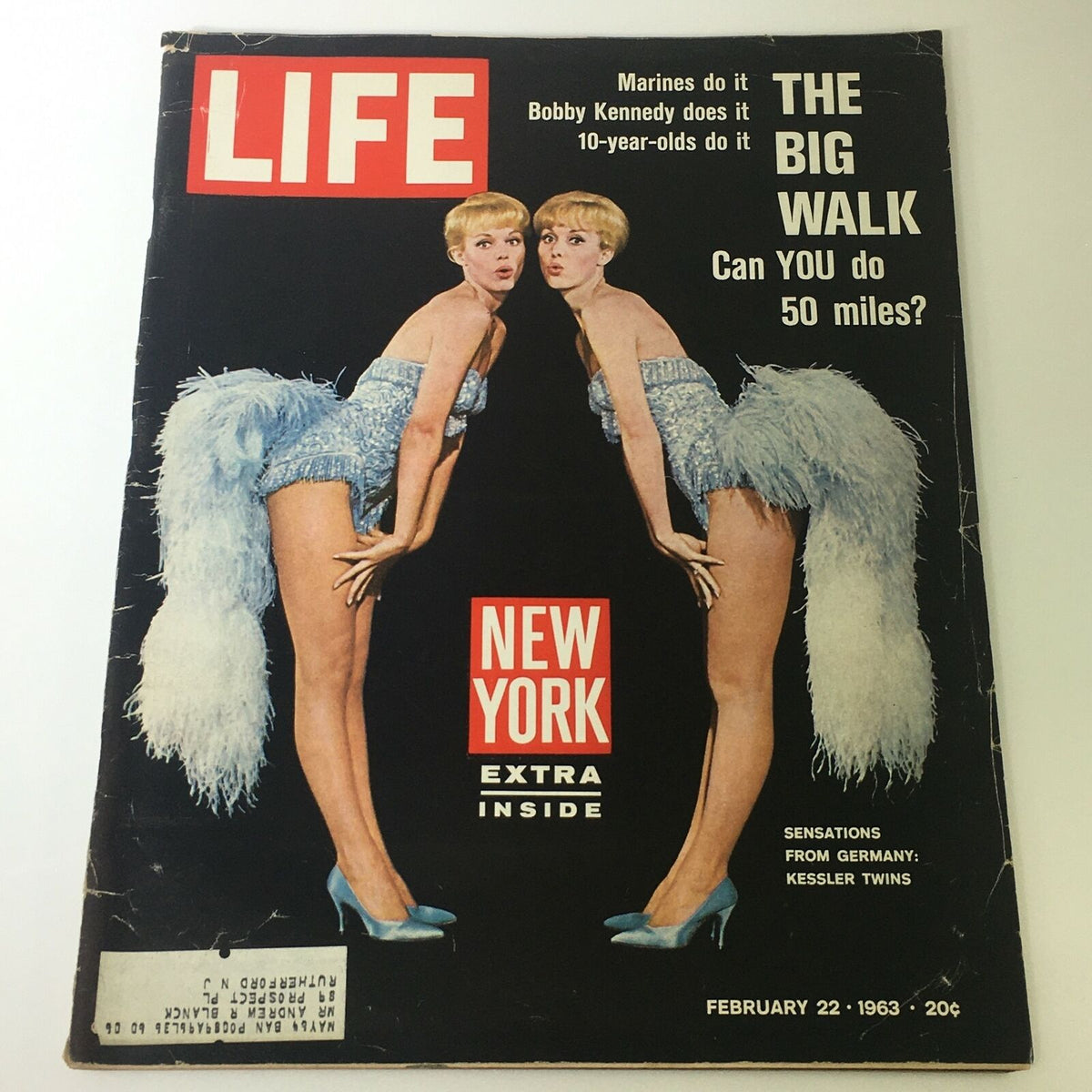 Cover of VTG Life Magazine February 22, 1963, featuring the Kessler Twins of Germany and the headline about The Big Walk, showcasing mid-20th century design.