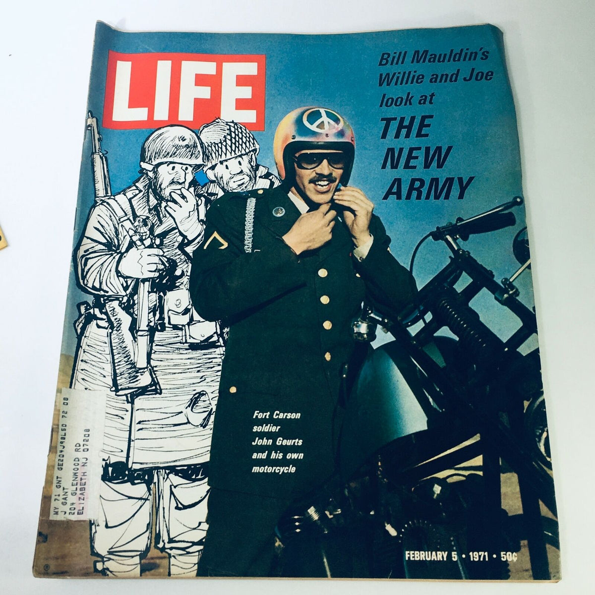 VTG Life Magazine February 5, 1971 cover featuring Fort Carson soldier John Geurts with his motorcycle, highlighting the themes of military life and American culture from the early 1970s.