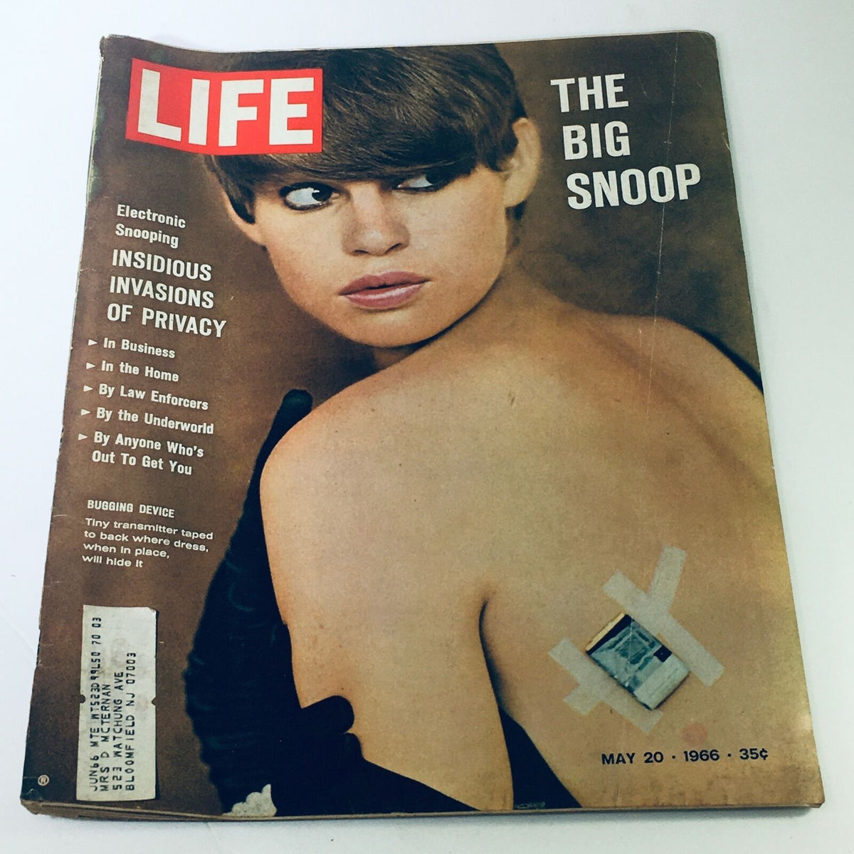 Cover of VTG Life Magazine from May 20, 1966, featuring an article on 'Electronic Insidious Invasions of Privacy' with an image of a woman looking back over her shoulder, showcasing the vintage style and design of the era.