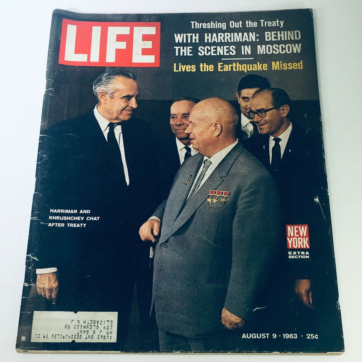 Vintage Life Magazine cover from August 9, 1963, featuring W. Averell Harriman and Nikita Khrushchev, highlighting important historical events during the Cold War.