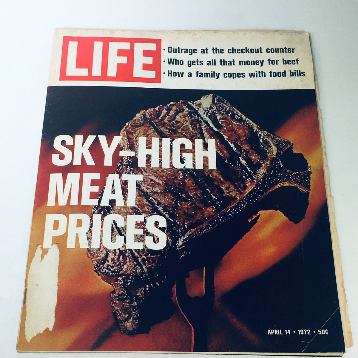 Cover of VTG Life Magazine April 14 1972 featuring the title 'Sky-High Meat Prices' with images of grilled meat, discussing family food bills and meat price issues.