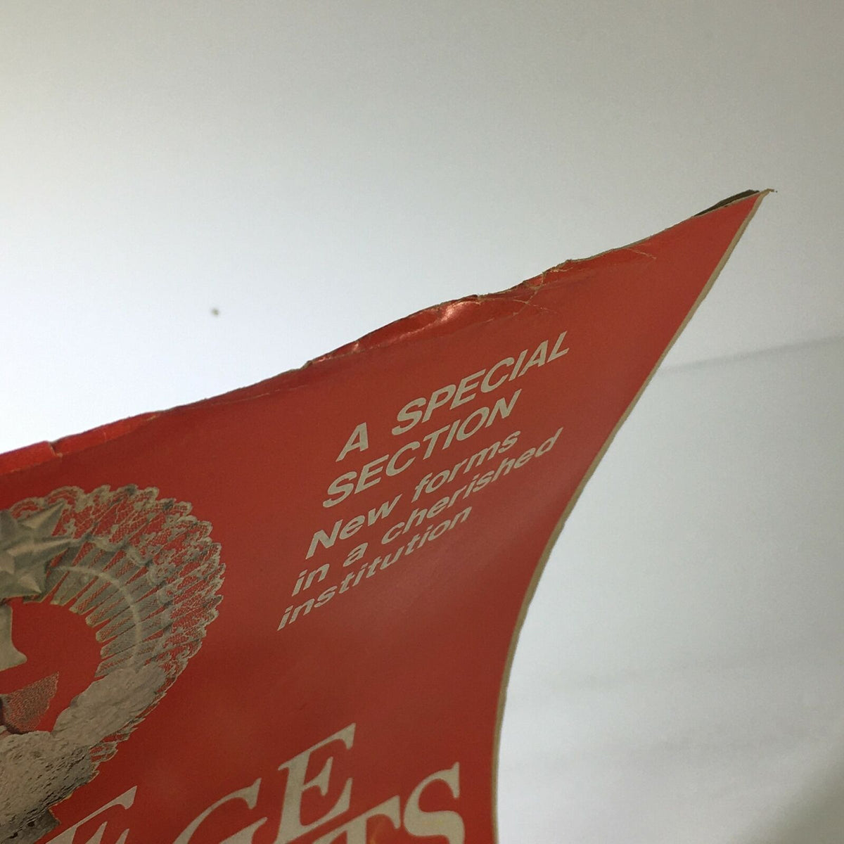 Close-up of the top edge of the VTG Life Magazine April 28 1972, showing the text 'A SPECIAL SECTION' and a decorative design, emphasizing its vintage appeal.