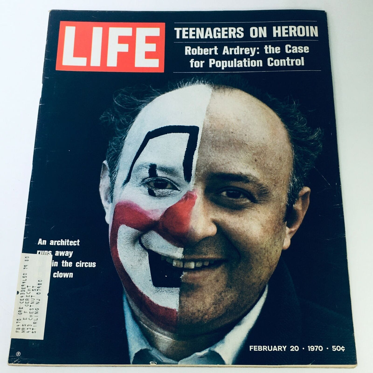 VTG Life Magazine February 20 1970 featuring Robert Ardrey's article on population control with a striking cover image of a man with half clown makeup, reflecting societal issues.