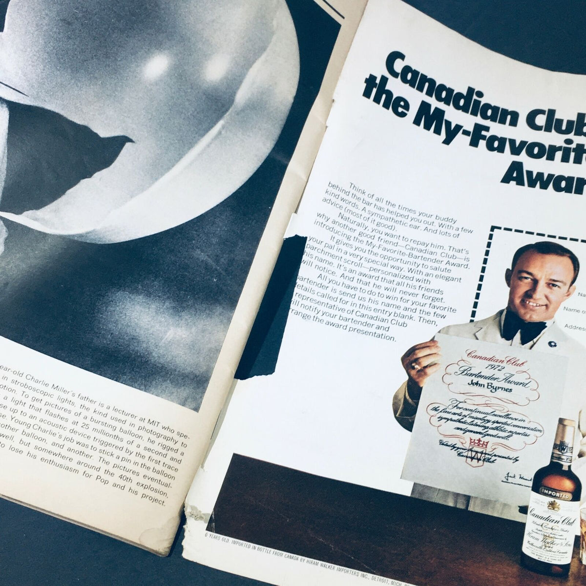Inside spread of the VTG Life Magazine May 5, 1972, featuring an article on Canadian Club and a bartender award presentation, demonstrating the magazine's diverse content.