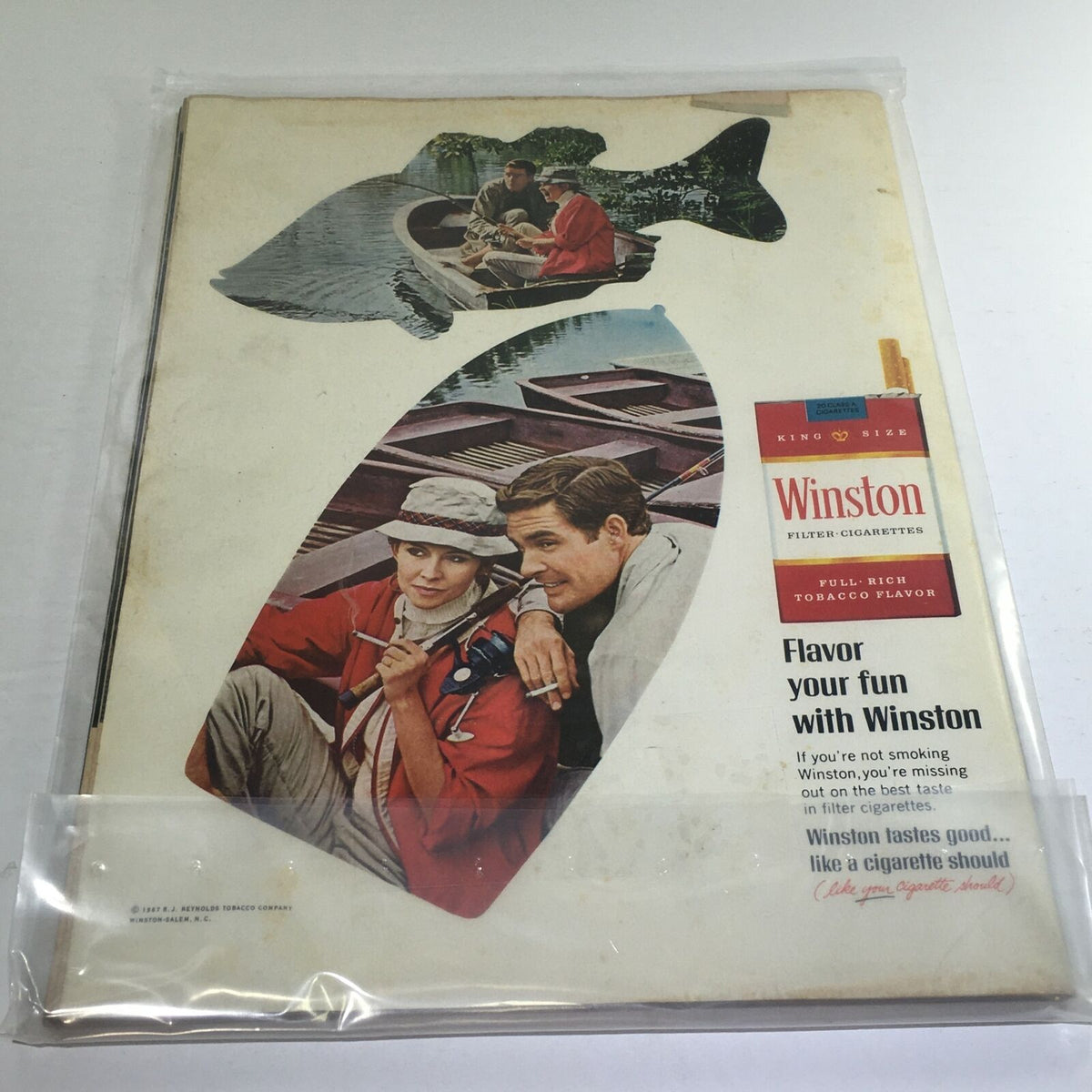Back cover of the April 14, 1967, Life Magazine featuring a Winston cigarette advertisement, designed with vintage imagery related to outdoor leisure.