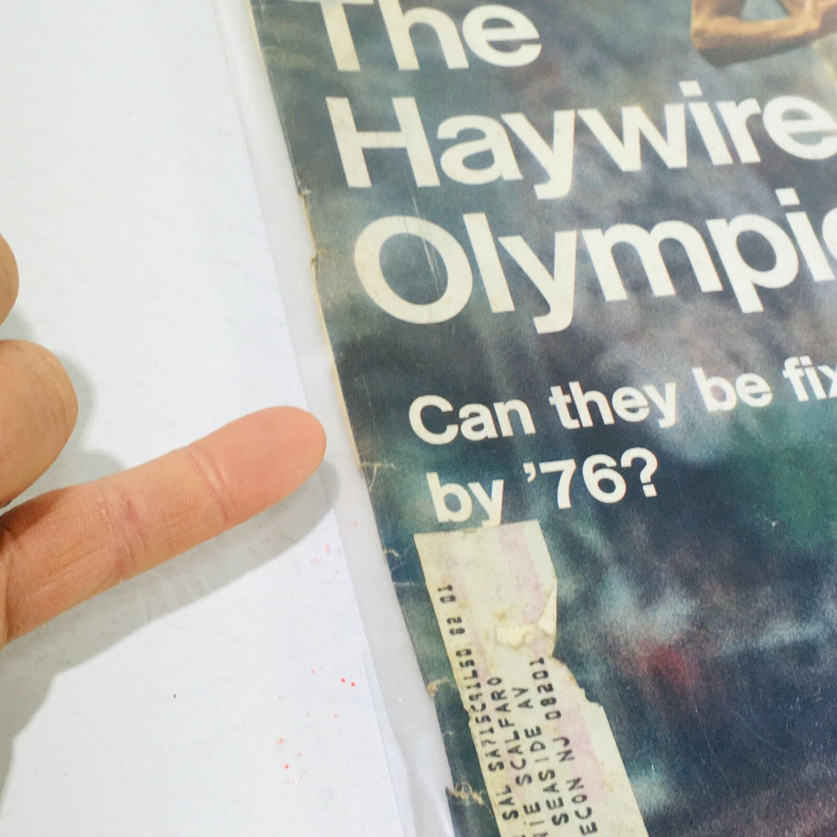 Close-up of the cover of VTG Life Magazine, September 22, 1972, highlighting the address label and wear, showcasing Frank Shorter and the topic of the Haywire Olympics.