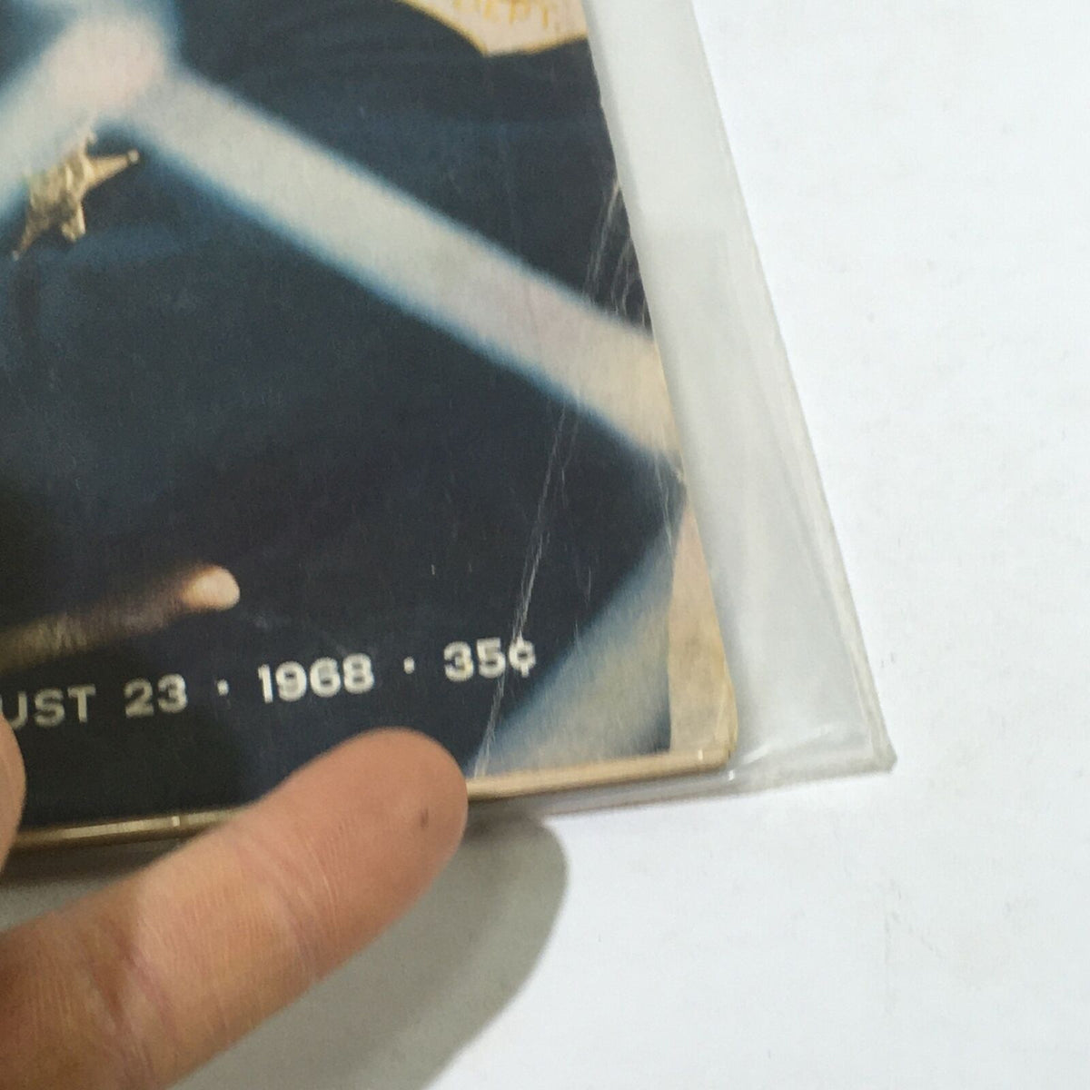 Close-up of the bottom corner of the August 23, 1968 Vintage Life Magazine, highlighting the publication date and price, capturing its historical significance.