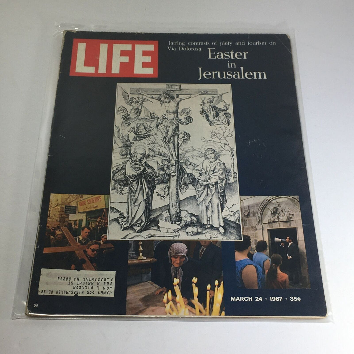 Vintage Life Magazine cover from March 24, 1967, themed on tourism in Via Dolorosa during Easter celebrations in Jerusalem, featuring a mix of historical artwork and modern-day scenes.