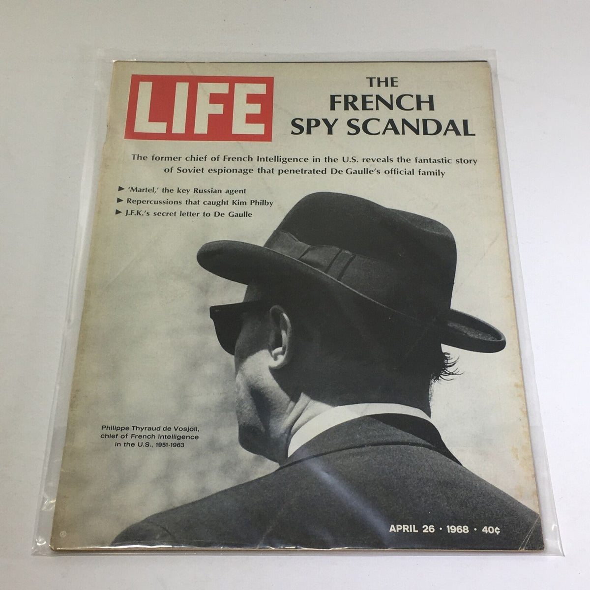 Vintage Life Magazine cover from April 26, 1968, featuring the title 'The French Spy Scandal'. The cover highlights the story of espionage within the U.S. involving French Intelligence, showcasing a mysterious figure in a hat and sunglasses.
