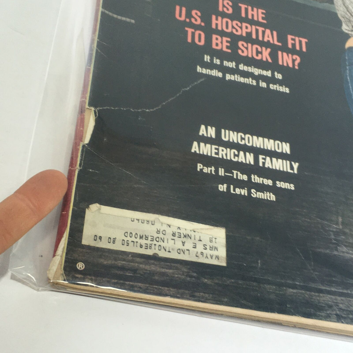 Close-up of the December 2, 1966 Life Magazine cover, featuring the title 'An Uncommon American Family Part - II' along with text discussing U.S. hospitals and an address label.