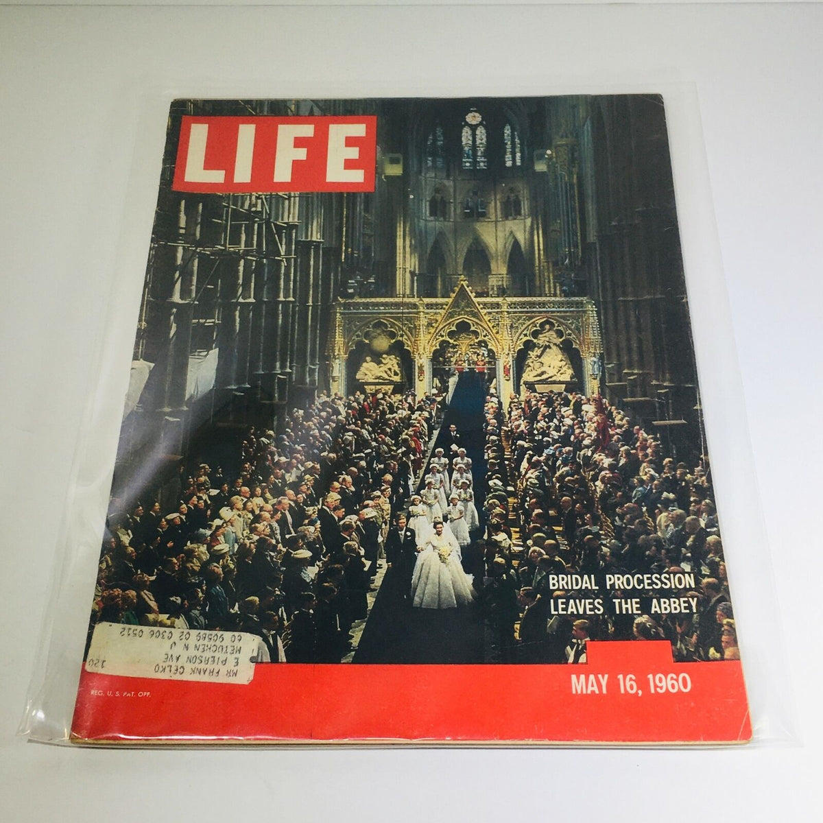 Cover of the vintage Life Magazine from May 16, 1960, featuring a bridal procession leaving the Abbey, showcasing a historic moment in royal wedding history.