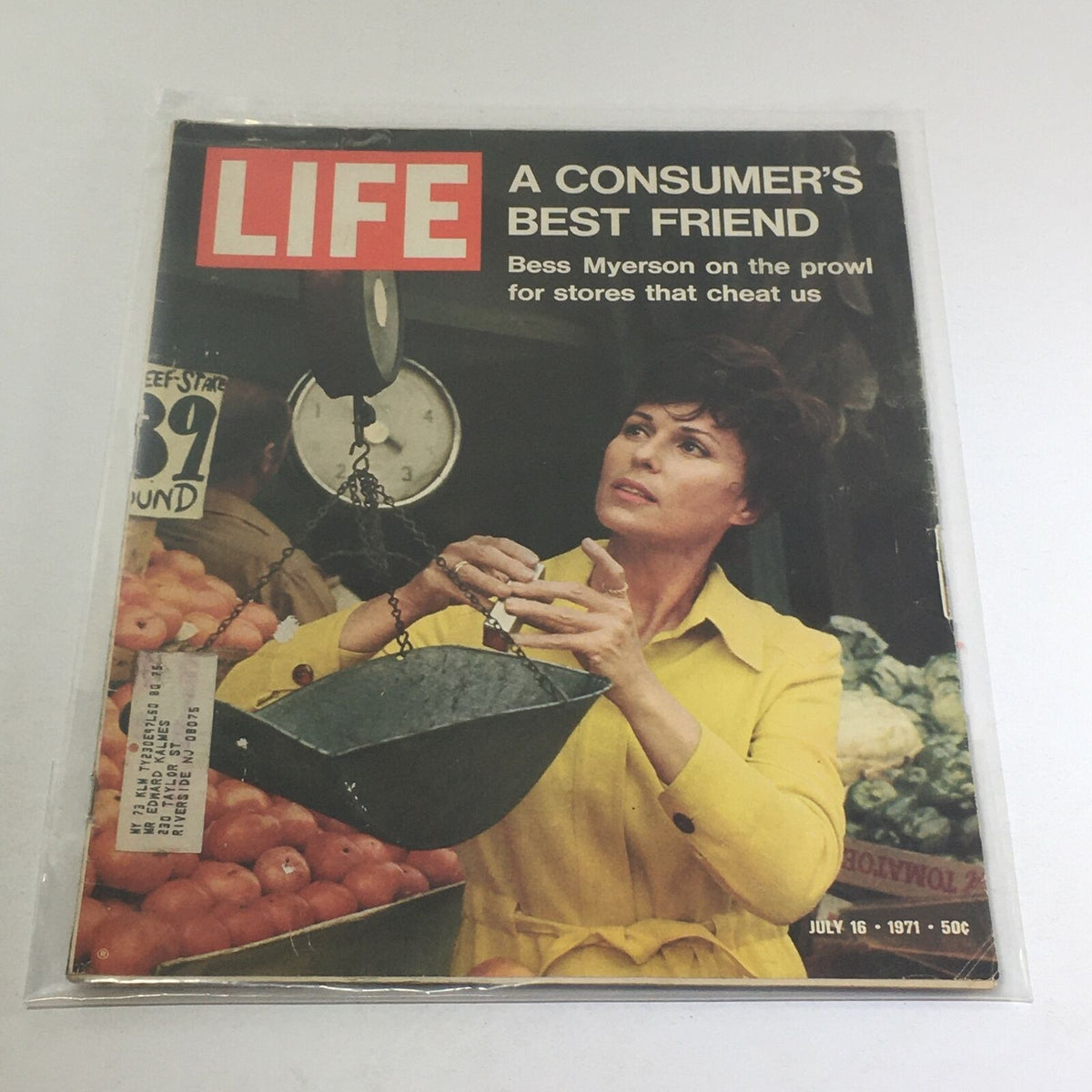 VTG Life Magazine Cover from July 16, 1971 featuring Bess Myerson, showcasing her as a consumer advocate in a marketplace setting with fresh produce.