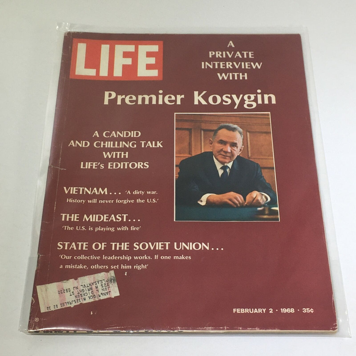 VTG Life Magazine: February 2 1968 - Cover Image featuring Premier Kosygin, details on Vietnam, the Mideast, and the State of the Soviet Union, showcasing historical topics covered in the magazine.