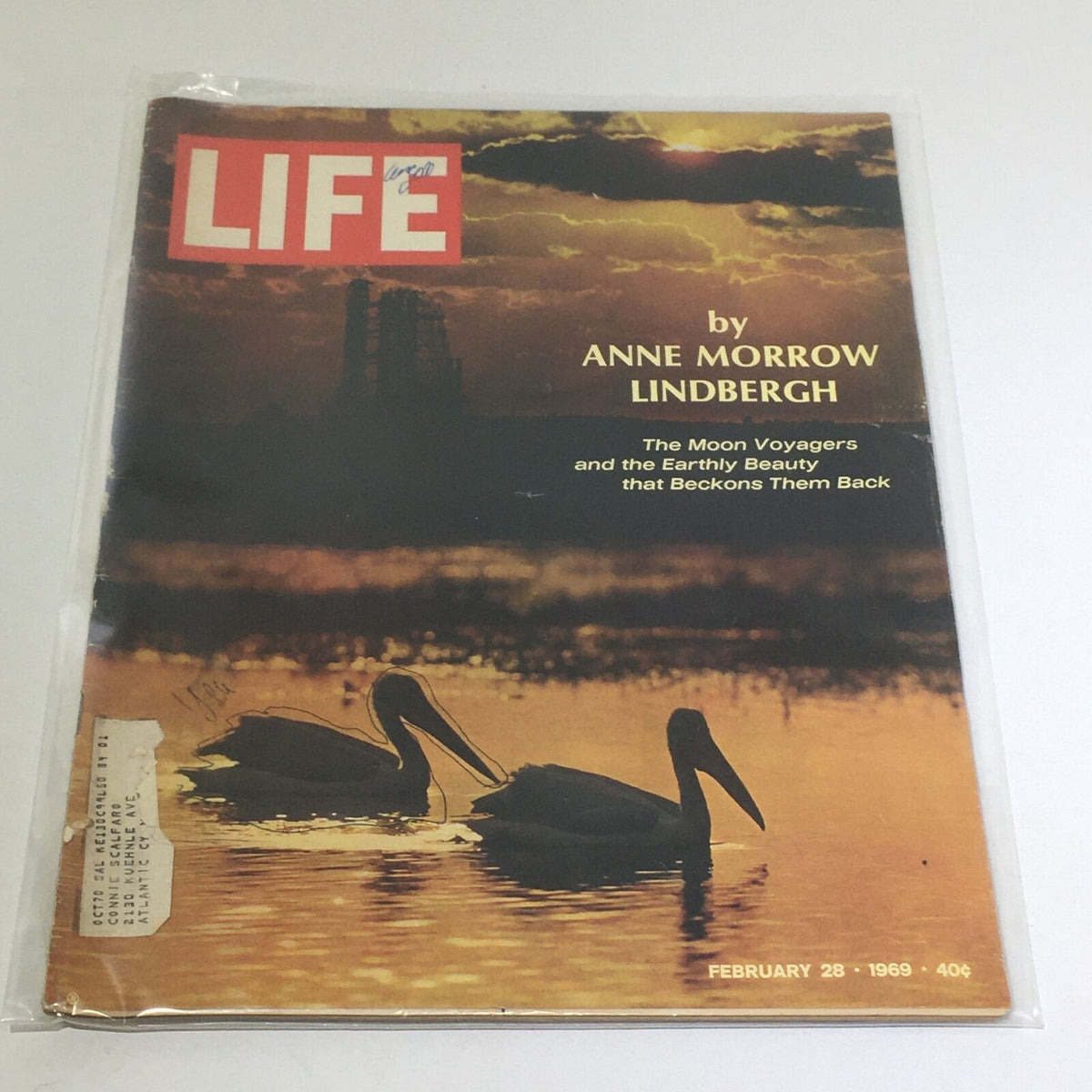 Cover of VTG Life Magazine from February 28, 1969, featuring the article 'The Moon Voyagers' by Anne Morrow Lindbergh with an image of pelicans and a dark, atmospheric background.